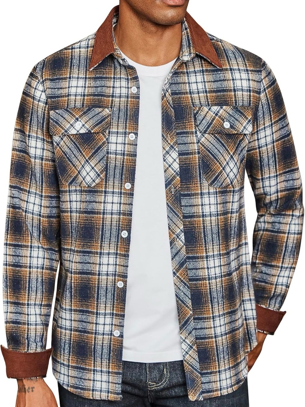 Amazon Men's Plaid Shirt Jacket in Navy, Brown and White